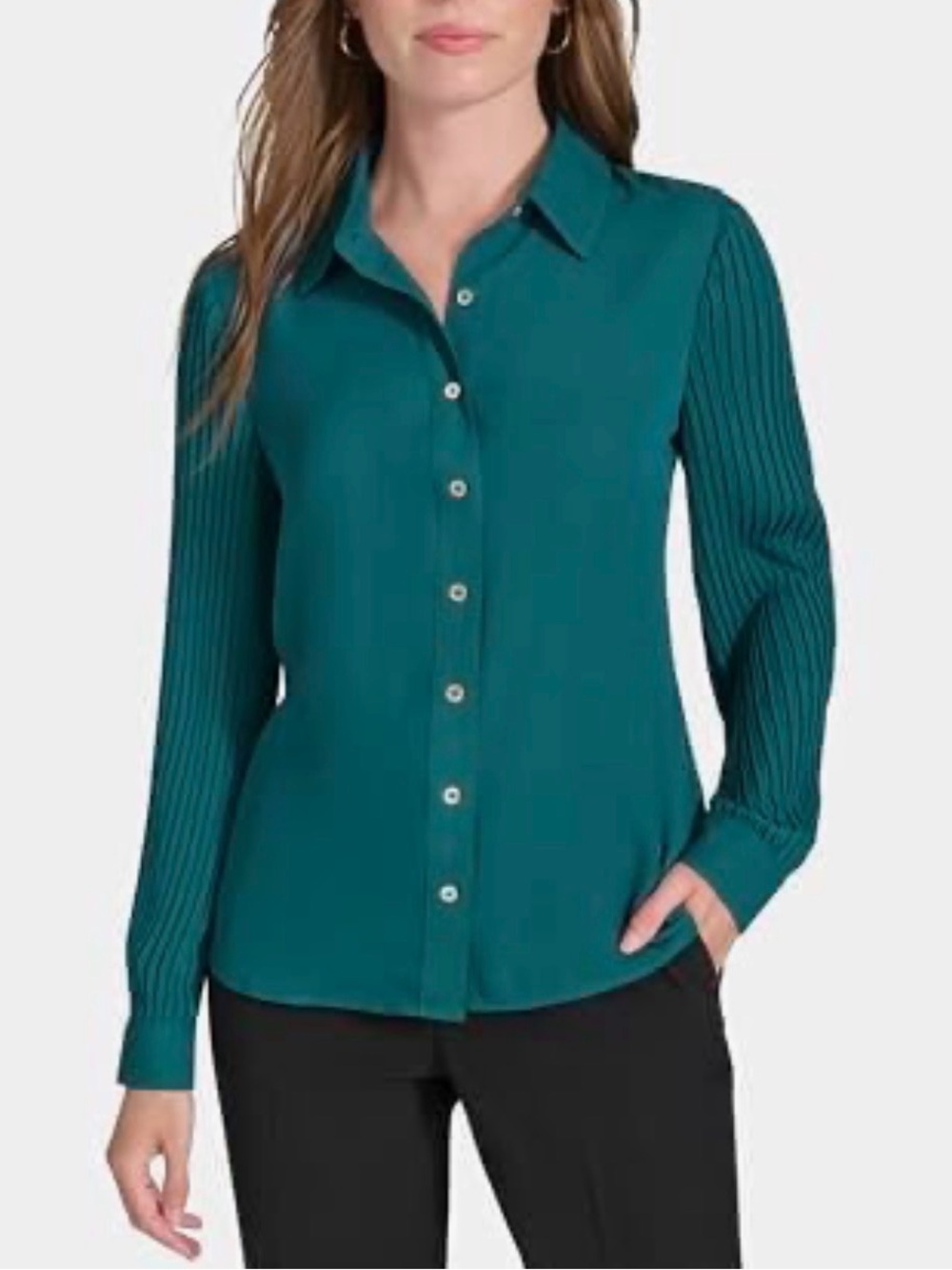 Tommy Hilfiger Women's Forest Green Button-Down Blouse with Pleated Sleeves